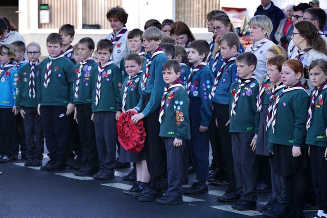 Ingleton Beavers, Cubs, Scouts and Explorers, together with their leaders, paraded from the community centre to St Mary's Church to take part in the Service of Remembrance and laying of wreaths at the war memorial. Similarly, all the sections from the 1st Castleberg Scout Group based in Settle also paraded their colours to the war memorial to take part in the community Act of Remembrance.