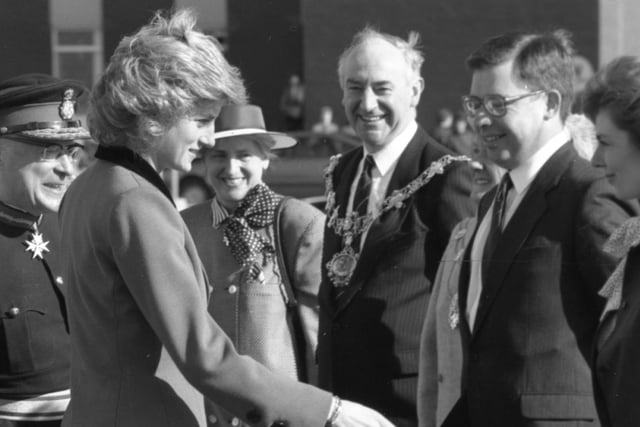 This image shows the late Princess Diana on a visit to Warton