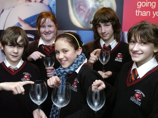 Pupils Lauren Pearson, Riah Foxton-Pilling, Callum McGowen, Luke Bell and Katie Leech learn about natural reasonance at a Lab in a Lorry event at Morecambe High School.