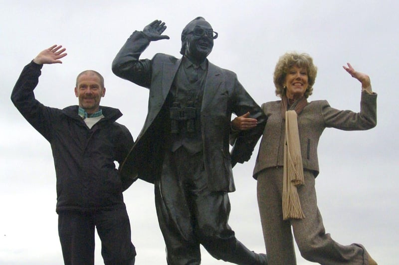 Coronation Street Star Sue Nicholls, who plays Audrey Roberts, during a visit to Morecambe with local tour guide Peter Wade.
