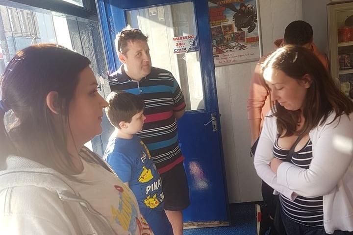Comedian Peter Kay queuing for chips at Atkinson's chippy in the West End of Morecambe in August 2017.