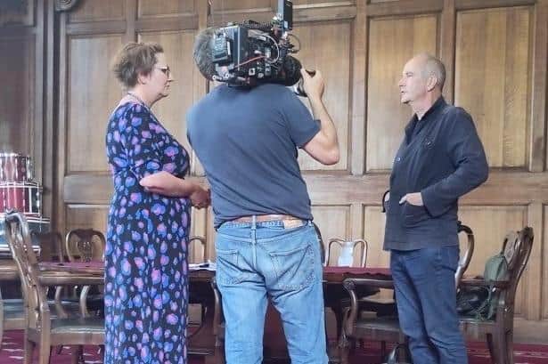 Diane Neville (Principal Planning Officer) with Kevin McCloud during filming at Lancaster Town Hall.