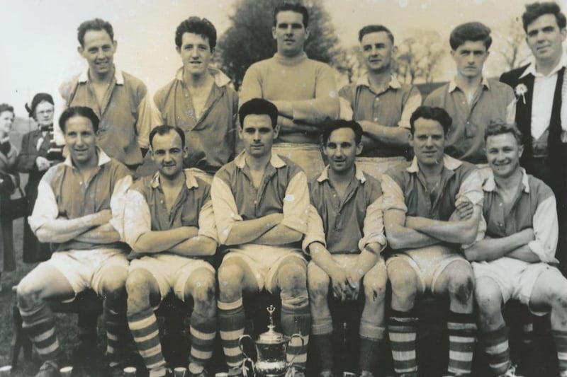 Bentham Wanderers 1956-57 Craven Cup winners. Back row: M Smith, K Houldsworth, B Herman, C Wilcock, E Guy, C Bell. Front row: B Noble, C Tomlinson, P Magoligan, M Nobel, L Titterington, B  Cross.