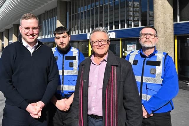 From left: County Cllr and lead member for Highways and Active Travel Scott Smith, Public Transport Safety Officer Roman Karasz, County Cllr and cabinet member for Highways and Transport Rupert Swarbrick and Senior Public Transport Safety Officer Duncan Whitehead at Preston Bus Station.
