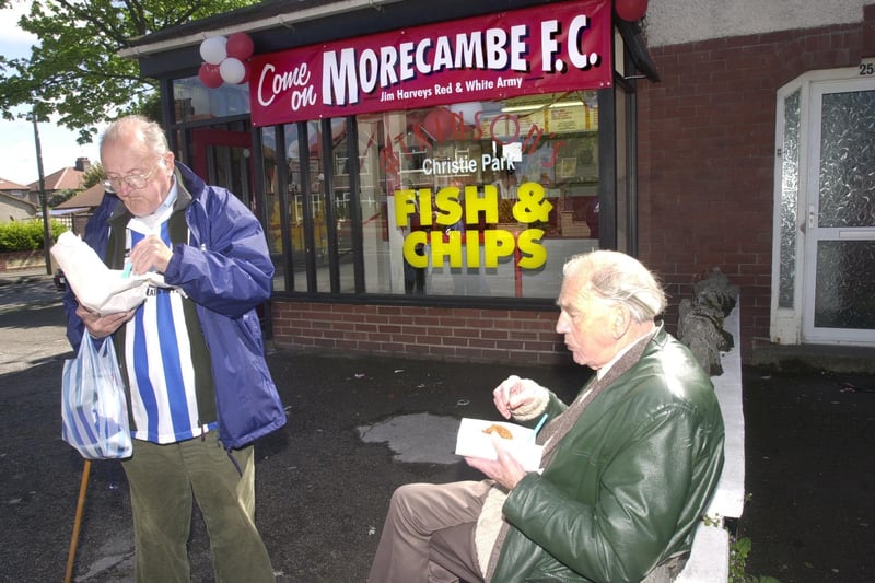 Enjoying fish and chips from Christie Park chippy at the Morecambe v Dagenham play off semi final.