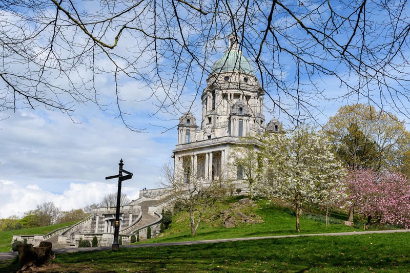 The Grade 1 listed Ashton Memorial was commissioned by Lancaster industrialist Lord Ashton as a tribute to his late wife Jessy. It was designed by John Belcher and completed in 1909. Externally, the dome is made of copper. The main construction material is Portland stone although the steps are made of Cornish granite. Around the dome are sculptures by Herbert Hampton representing Commerce, Science, Industry and Art. The interior of the dome has allegorical paintings of Commerce, Art and History by George Murray. At around 150 feet tall it dominates the Lancaster skyline. The first floor outdoor viewing gallery provides superb views of the surrounding countryside and out across Morecambe Bay to the Lakeland fells and mountains.
