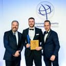 Arran Perry was awarded Young Security Professional of the Year 2023. From left: Hal Cruttenden stand-up comedian and presenter, Arran Perry regional manager FGH Security, and Paul Coverdale, COO, Zinc Systems sponsor. Photo by MAXIMPHOTO.CO.UK.