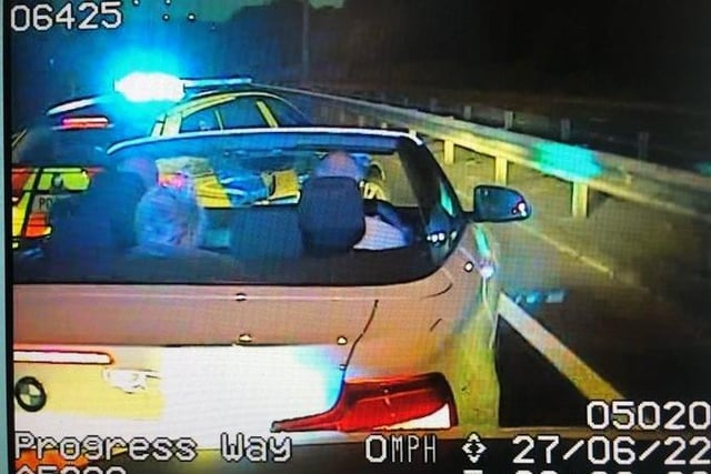 The driver of this BMW led police on a high-speed chase across Lancashire's motorway network.
It was first spotted as being "of interest" to patrols on the M61. It evaded attempts to stop it at junction 9 and headed towards the M6.
Another patrol car returning from Darwen gives chase and regains contact on the M55.
The BMW drives at 120mph through the 50mph roadworks heading towards Blackpool and then speeds up to in excess of 130mph, being driven dangerously past other road users.
As the BMW reached junction four of the M55, it was ‘stung’ by police and the speed decreased, allowing police cars to 'box' it in.
The driver was detained and found to be twice the drink-drive limit.