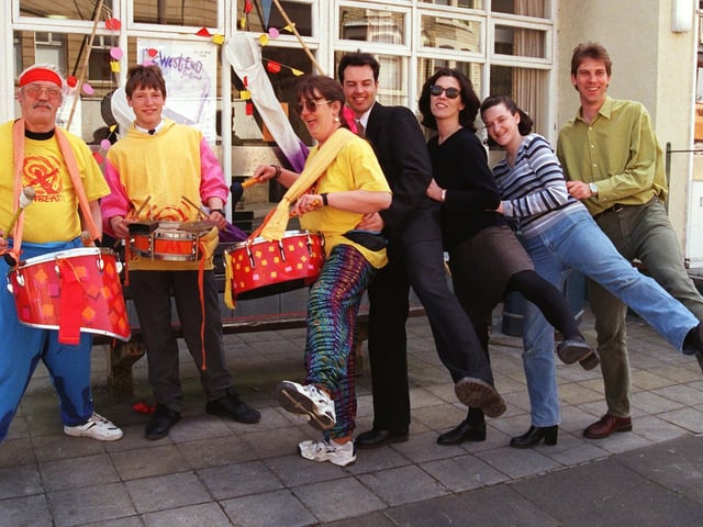 Colin Phillimore, Kathryn MacDonald, Michelle Murphy and Richard Hammond of Lancaster City Council leisure services join in the conga with Pat Fletcher, Matt Fletcher and Colin Whitworth of Bay Beat who drummed to the beat at the launch of Morecambe's West End Festival.
