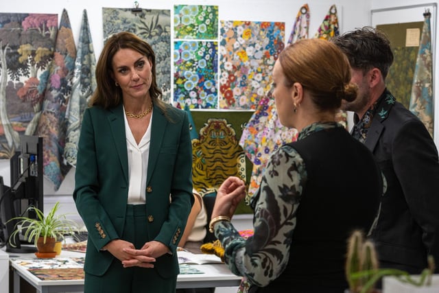 The Princess of Wales speaks with House of Hackney co-founders Frieda Gormley and Javvy M Royle, a British Interiors brand who work with Standfast & Barracks on their printed fabrics.