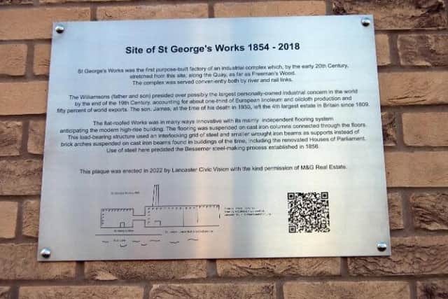 The plaque to St George's Works at Luneside Building, St George's Quay, Lancaster. Photo: Lancaster Civic Vision