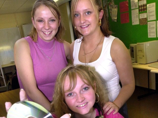 Morecambe High School Sixth form students Karris Beaumont, Denni Kelly and Rochelle Sowden who were providing voiceovers for a CD.