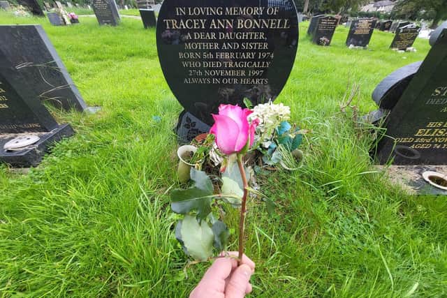 Phillip visiting Tracey Bonnell's grave in Skerton cemetery after learning of her tragic death.