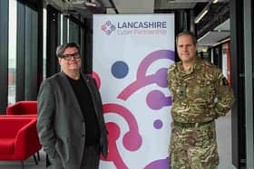 Andy Walker, chief exceutive of the Lancashire Enterprise Partnership, welcomes Lieutenant General Tom Copinger-Symes CBE, Deputy Commander, UK Strategic Command, to the county for the launch of the Lancashire Cyber Partnership