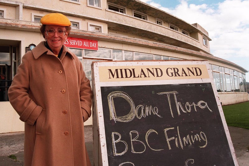 Dame Thora Hird outside the Midland Grand Hotel in Morecambe, where the BBC were filming.