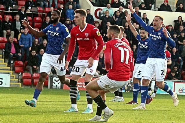 Morecambe's Dylan Connolly sees his goal against Ipswich Town ruled out for offside Picture: Michael Williamson