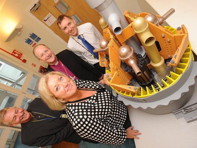 Gwen Parry-Jones, station director Heysham 1, the Rev David Tickner, Heysham Power Stations' industrial chaplain, Bishop Nicholas Reade and Paul Winkle, station director.