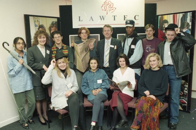 Students from all over Lancashire at the 1994 Lawtec Students Business Conference. Seated (left to right) Emma Armstrong (Blackpool Sixth Form College), Fiona Lyon (Our Lady's High School, Preston), Sarah Gili-Ross (Lytham St Annes High School), Vicki Jones (Ormskirk Grammar School). Standing (Left to right): Fatima Ahmed (Newman College), Pauline Taylor (assistant manager customer services, Natwest, Blackpool), Theodosis Fessas (Lancaster and Morecambe College), Matthew Ward (King Edward VII School, Lytham), Dr Barry Hankinson (managing director, Creative Training plc), Derek Gibbs (Preston College), Gavin Blackstone (Carr Hill High School, Kirkham), Robert Booth (St Mary's RC High School, Blackpool)