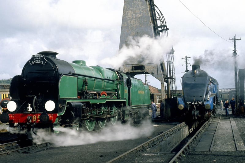 Nos 850 Lord Nelson and 4498 Sir Nigel Gresley at Carnforth being prepared for the Cumbrian Coast Express on September 9, 1980.