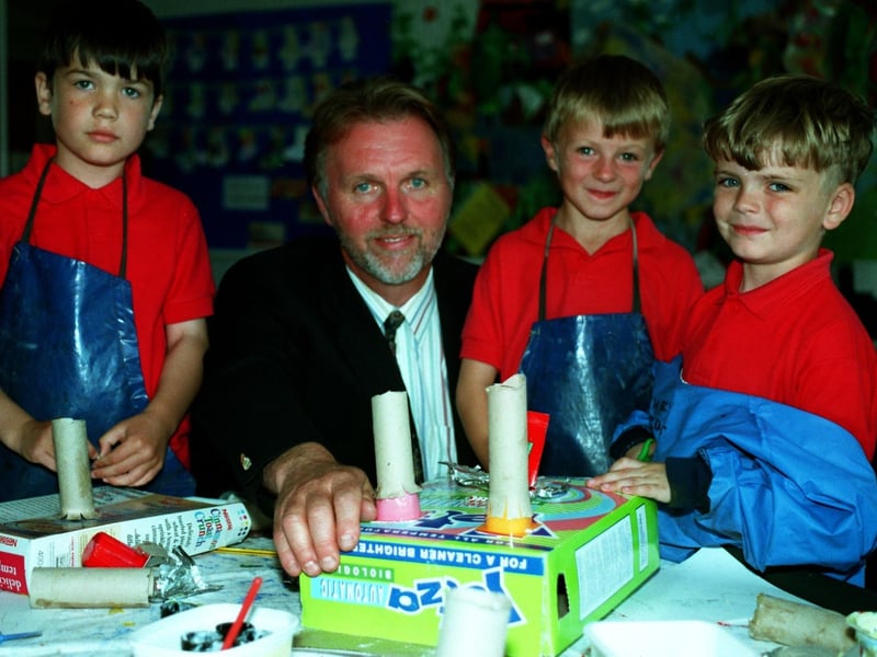 The new headmaster of Lancaster Road School, Duncan Brown, with three of his pupils Michael Thomas, Daniel Mason and Thomas Scott, all aged six, in model making class.