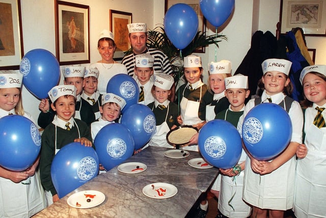 Lytham C of E School pupils who enjoyed an afternoon making pizzas at Pizza Express, Lytham. They are pictured with Pizza Express schools co-ordinator Jason Elliston and branch manager Deborah Hindle in 1999