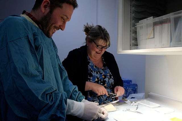Jon Richardson learning surgical techniques with UHMBT Chief Medical Officer, Miss Jane McNicholas.