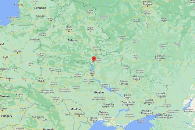 A map of Ukraine showing where Larisa Nikitenko lives in Slavutych.