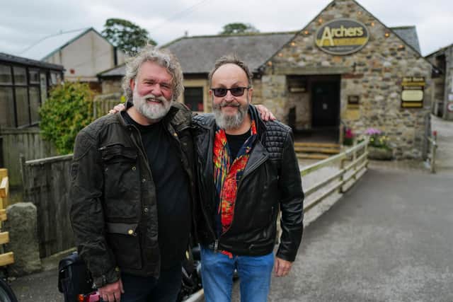 The Hairy Bikers, Si King and Dave Myers, outside Archers Cafe. Image: BBC/South Shore Productions/Jon Boast
