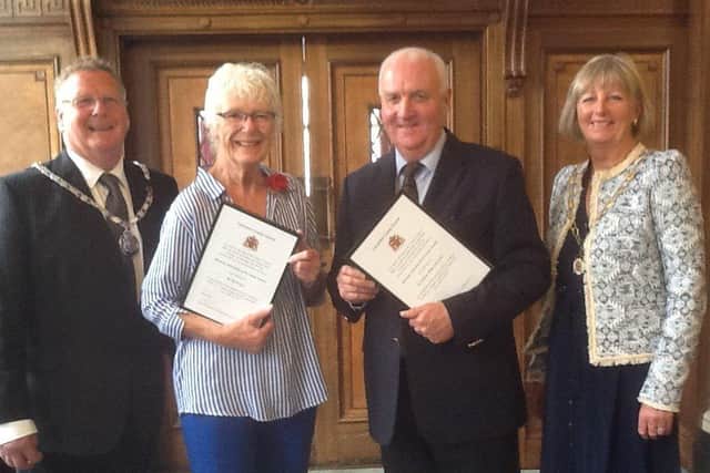 Niki Penney (second left) on becoming Lancashire's first Honorary Alderwoman with new Honorary Alderman Tony Jones, County Coun Paul Rigby, chairman of Lancashire County Council, and County Coun Susie Charles, vice-chairman.