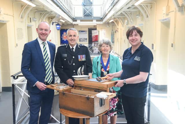 Pictured with the new 'murser box' are Police and Crime Commissioner Andrew Snowden, Chief Constable Chris Rowley, Constable of Lancaster Castle Pam Barker and Sabine Skae from the museum.
