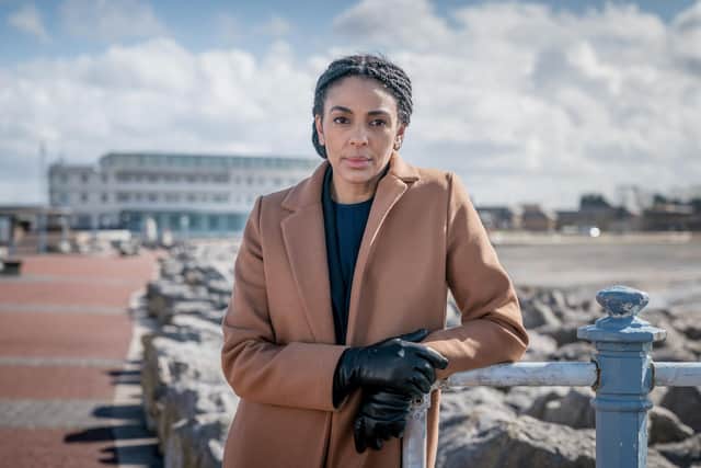 Marsha Thomason as DS Jenn Townsend in Morecambe during filming for The Bay.