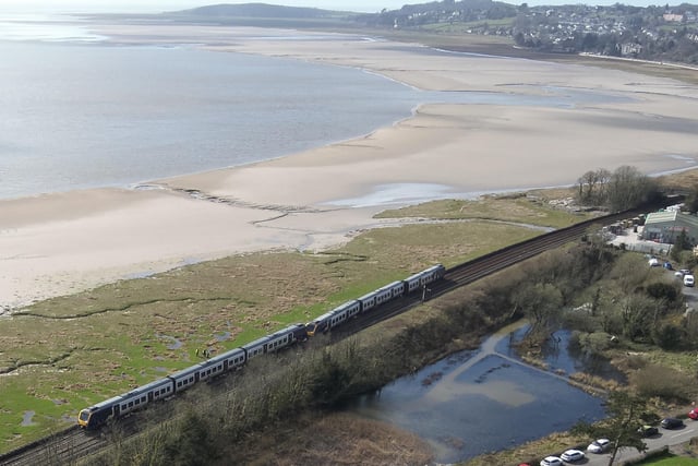 An aerial view of the location where the train derailed at Grange over Sands.