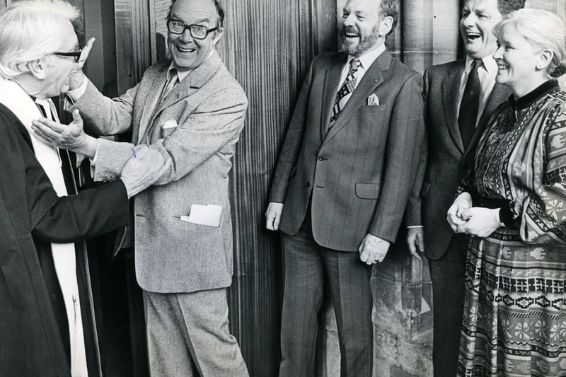 Eric Morecambe greets Rev Amos Cresswell at the opening of sheltered accommodation in Lancaster.