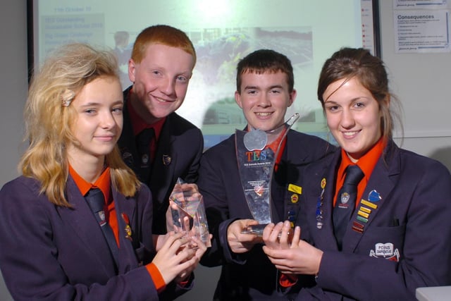 Pupils from St Bede's school, Lytham, showing projects which have helped them win sustainable school of the year award. Pictured (left to right): Georgia Leggett, Dan Moss, Thomas Malley, and Sophie Lowe, with some of the school's awards