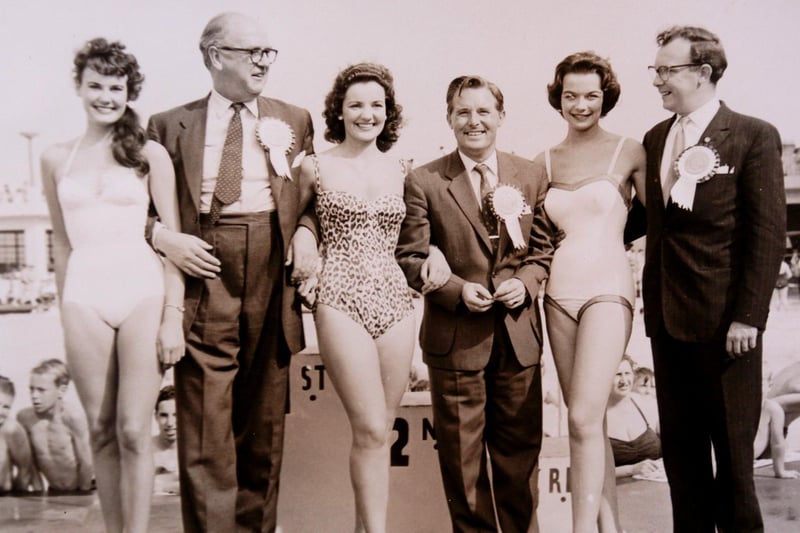 Hannah Hayton, centre in leopard skin costume, in a heat of the Miss Great Britain contest at Morecambe. Among those also pictured are some of the judges on that day, Morecambe and Wise.