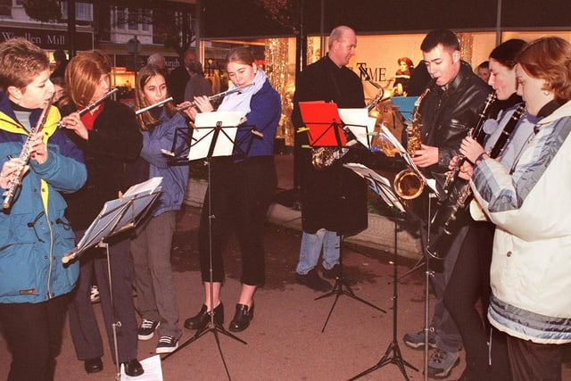 Lytham St Annes High School wind band perform at the Lytham St Annes Christmas lights switch-on in 1999