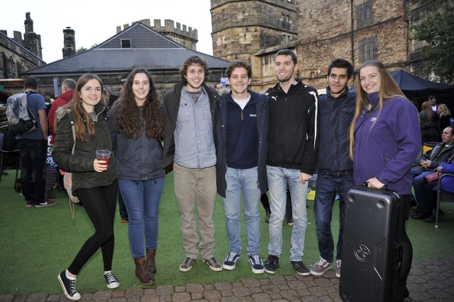 From left, Emma Hine, Levi Worsfold, Alastair Hodgetts, Andrew Mitchell, Tom Hodgkinson, Alex Repole and Vanessa Woffindin at Lancaster Music Festival in the grounds of  Lancaster Castle.