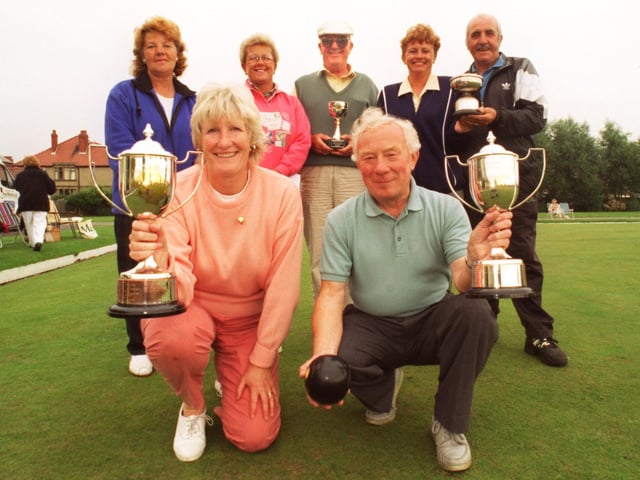 Ladies champion, Pat Bennett and mens champion, Ron Molyneux together with other trophy winners at the Lancaster City Council Leisure Services Bowls Festival at Regent Park in Morecambe.