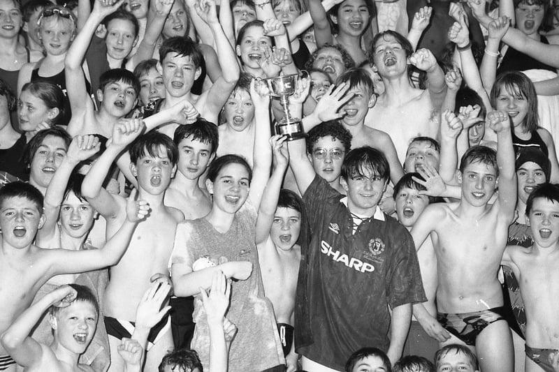 Pupils from Central Lancaster High School got in the swim for their annual gala in April 1995. The swimming gala was held at the Kingsway baths and proved a great success with those taking part and their supporters. Pictured are the captains of Lunesdale House, Emily Dixon and Robert Lloyd, holding aloft their winning trophy.
