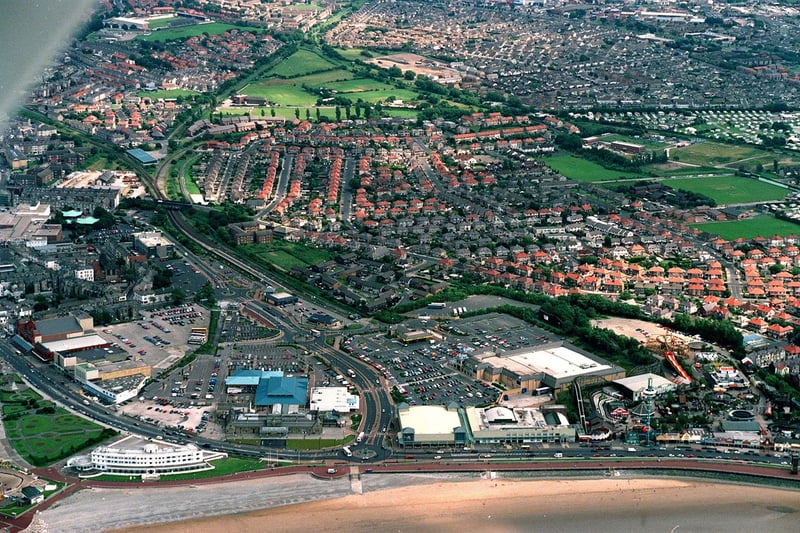 An  aerial view taken in 2002 of Morecambe Central including Bubbles, The Midland hotel, Frontierland, Apollo cinema and Morrisons supermarket.