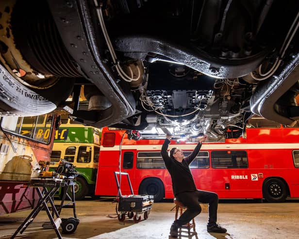 The Ribble Vehicle Preservation Group based in Freckleton. Pictured is volunteer Kenny Houghton working on a 1972 Leyland National single decker bus and is the last dual door Ribble bus in existence.