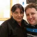 Peter Kay poses for a photo with Bernadette Harkin at Atkinsons Chippy in the West End of Morecambe in 2017.