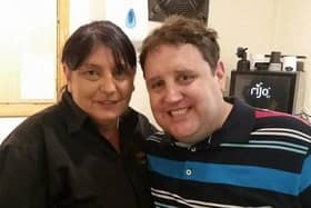 Peter Kay poses for a photo with Bernadette Harkin at Atkinsons Chippy in the West End of Morecambe in 2017.