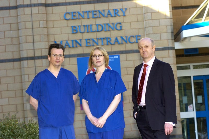 Consultant vascular and general surgeon, Mark Tomlinson, outside the Royal Lancaster Infirmary with consultant vascular interventional radiologist, Dr Andrew J Sambrook and lead nurse interventional radiologist, Caroline Kelly.