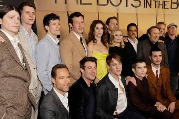 Joel Phillimore (back row, second left) shared this photo of himself at a film premiere in Los Angeles with the cast of The Boys in the Boat and director George Clooney.