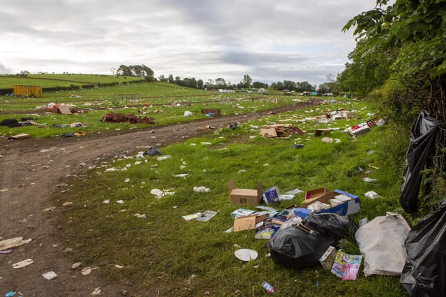 Rubbish left by travellers after the weekends Appleby Horse Fair in Appleby-in-Westmorland, Cumbria. June 10 2022.  See SWNS story SWLEfair.  More than 30,000 people attended the event, which is one of the largest in Europe and is a celebration of the heritage of the travelling community and traditionally provides an opportunity for trading horses. 