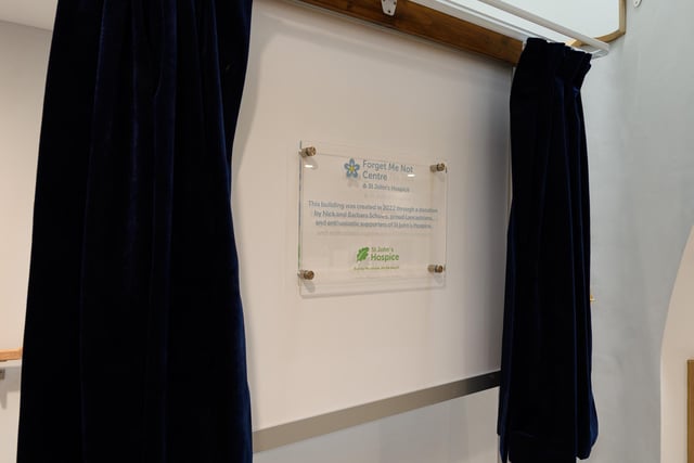 Official opening sign at the new Forget Me Not Centre at St John's Hospice, Lancaster. Photo: Kelvin Stuttard