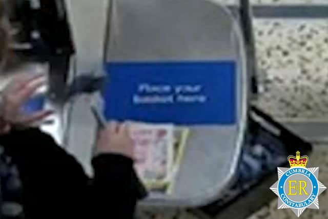 Screen grab taken from undated CCTV showing Eleanor Williams purchasing a hammer in a branch of Tesco, which she later used to cause injuries to herself (Credit: Cumbria Police/ PA)