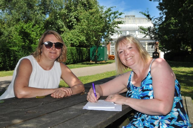 A meeting in a sunny Williamson Park in 2018 for Alizon Morphet and Linda Barr.