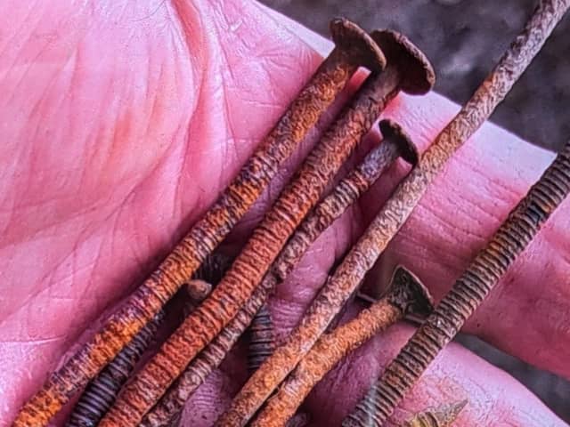 Police found clumps of large nails left on a village street.